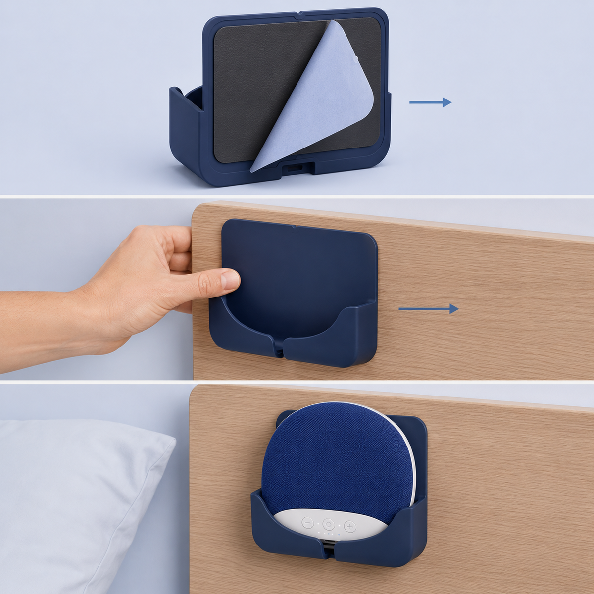 Peel, press and place installation steps for the SOVAIA Bedside Dock