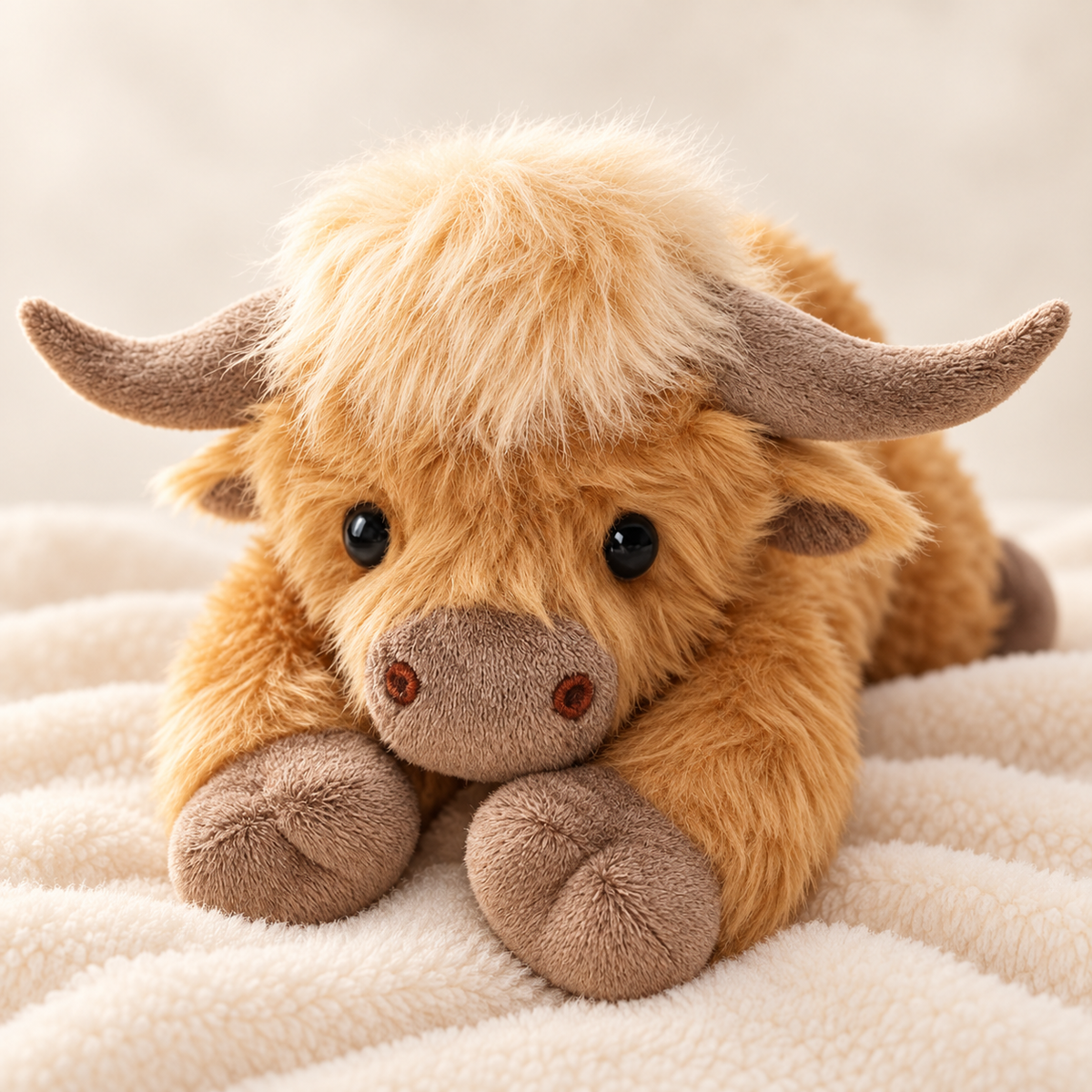 SOVAIA Weighted Highland Cow plush on a cream blanket