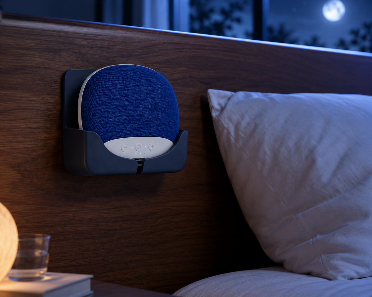 SOVAIA Bedside Dock mounted on a smooth wood headboard beside a pillow