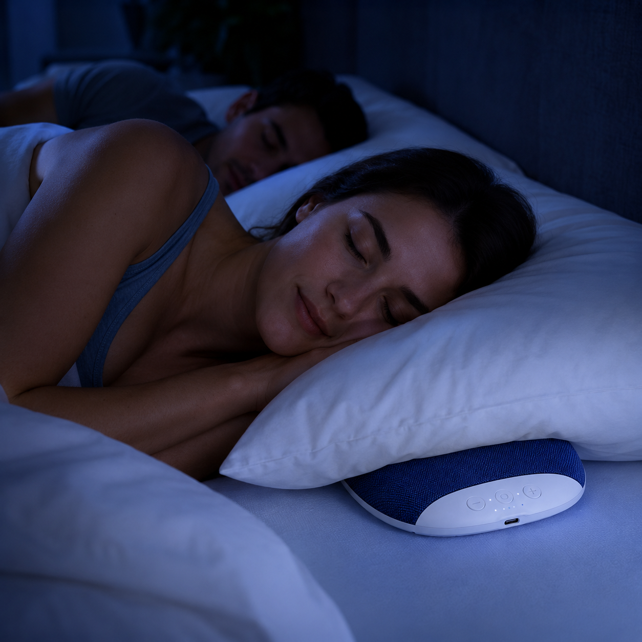 SOVAIA Pillow Speaker beneath a pillow in a shared bedroom