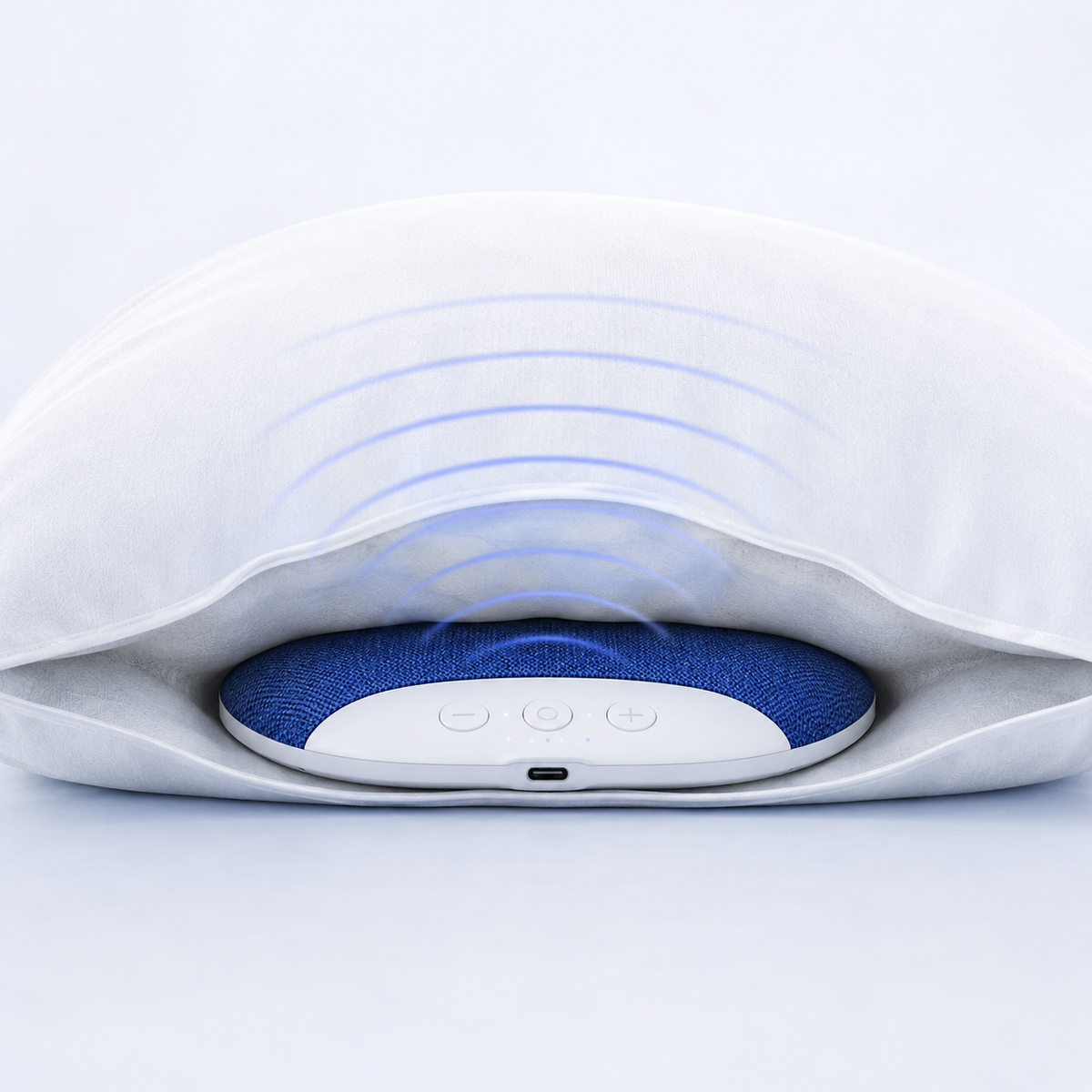SOVAIA Pillow Speaker beneath a pillow with close-range sound visualization