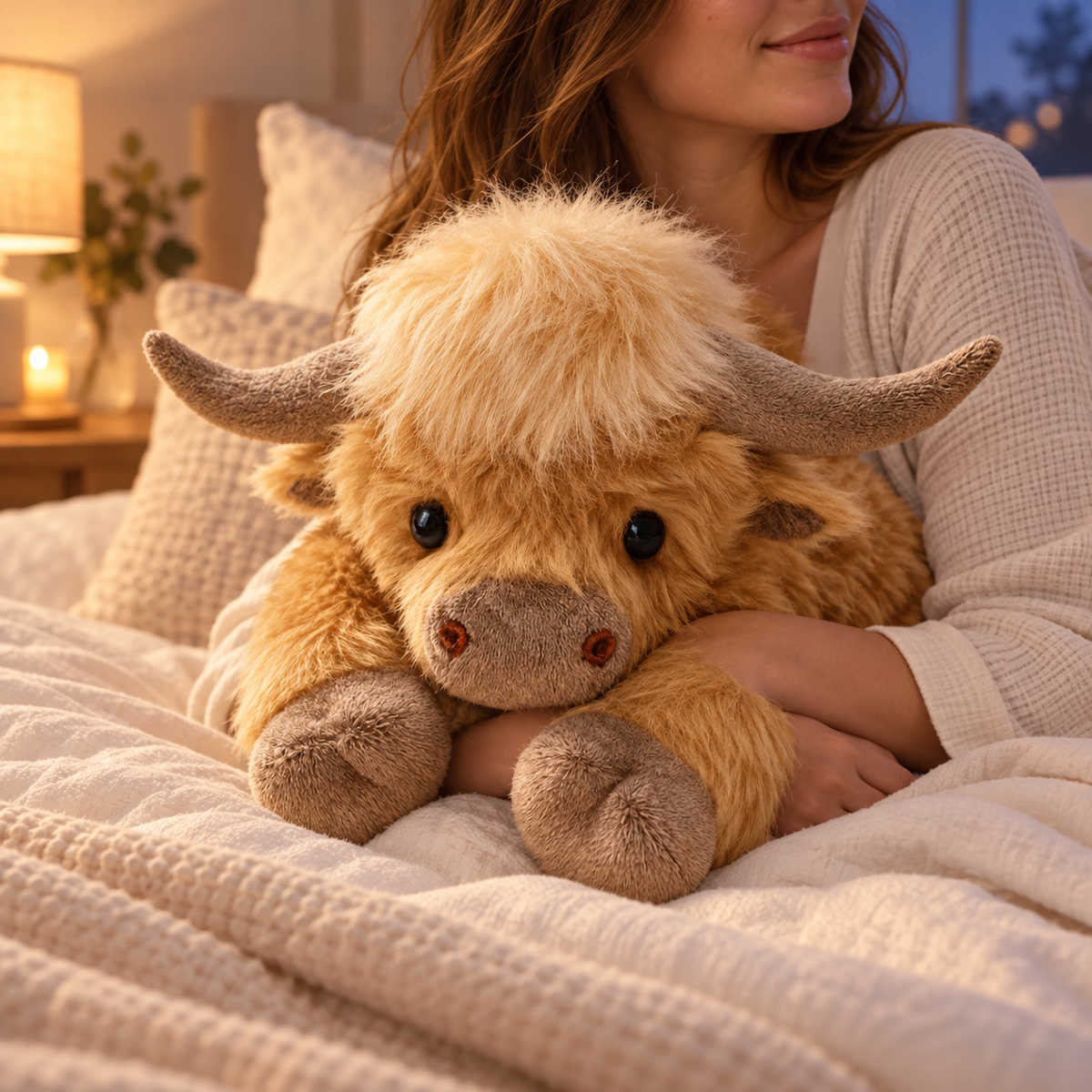 Weighted Highland Cow plush used as a cosy bedtime companion