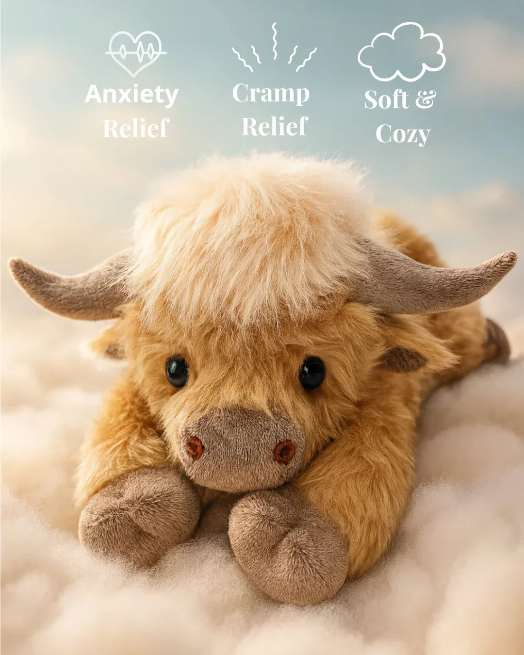 Weighted Highland Cow plush with comfort benefit callouts